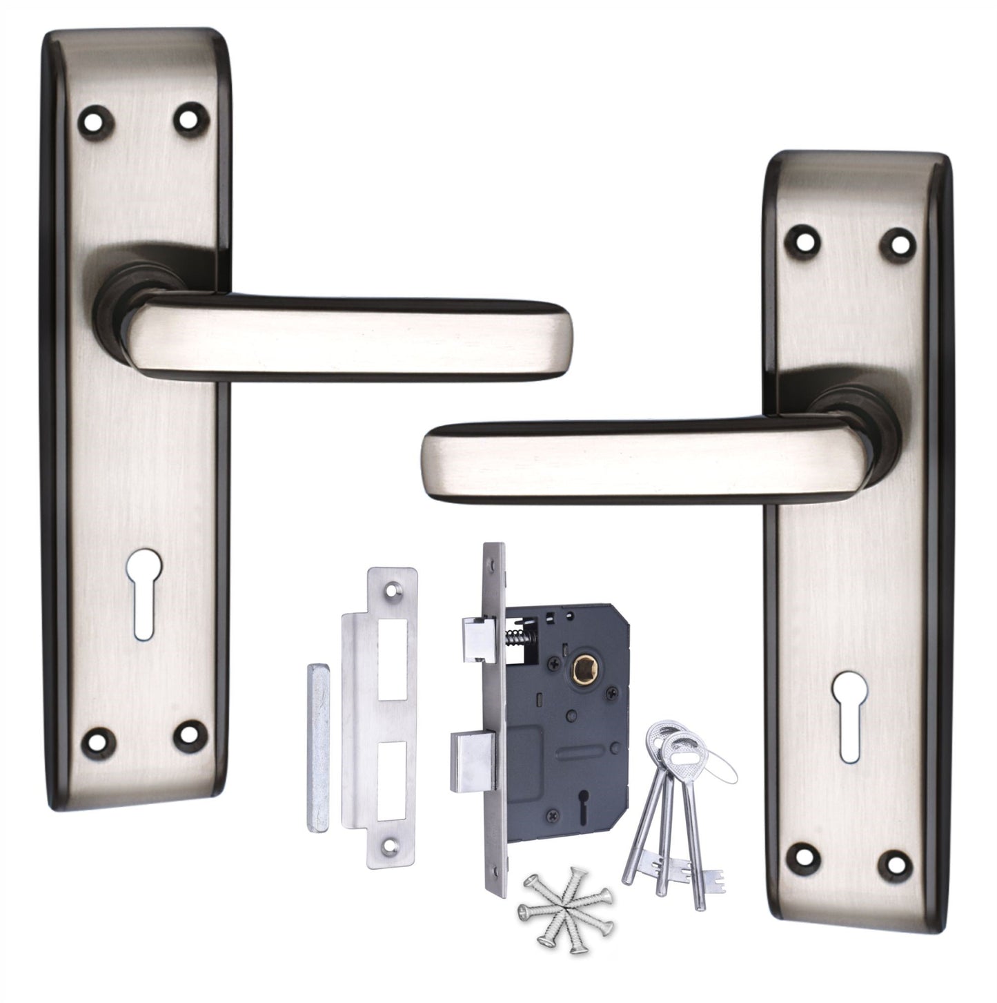 Iron Mortise Door Handle Set with Lock Body, Finish Black Silver & Brass Antique (3 Keys) (6 Lever Double Stage Lockset) (7 Inch) (610-KY)