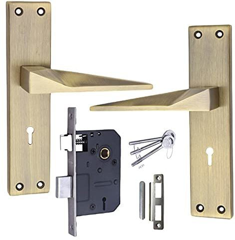 Iron Mortise Door Handle Set with Lock Body, Finish Brass Antique & CP Matt, (3 Keys), (6 Lever Double Stage Lockset) (8 Inch) (802-KY)