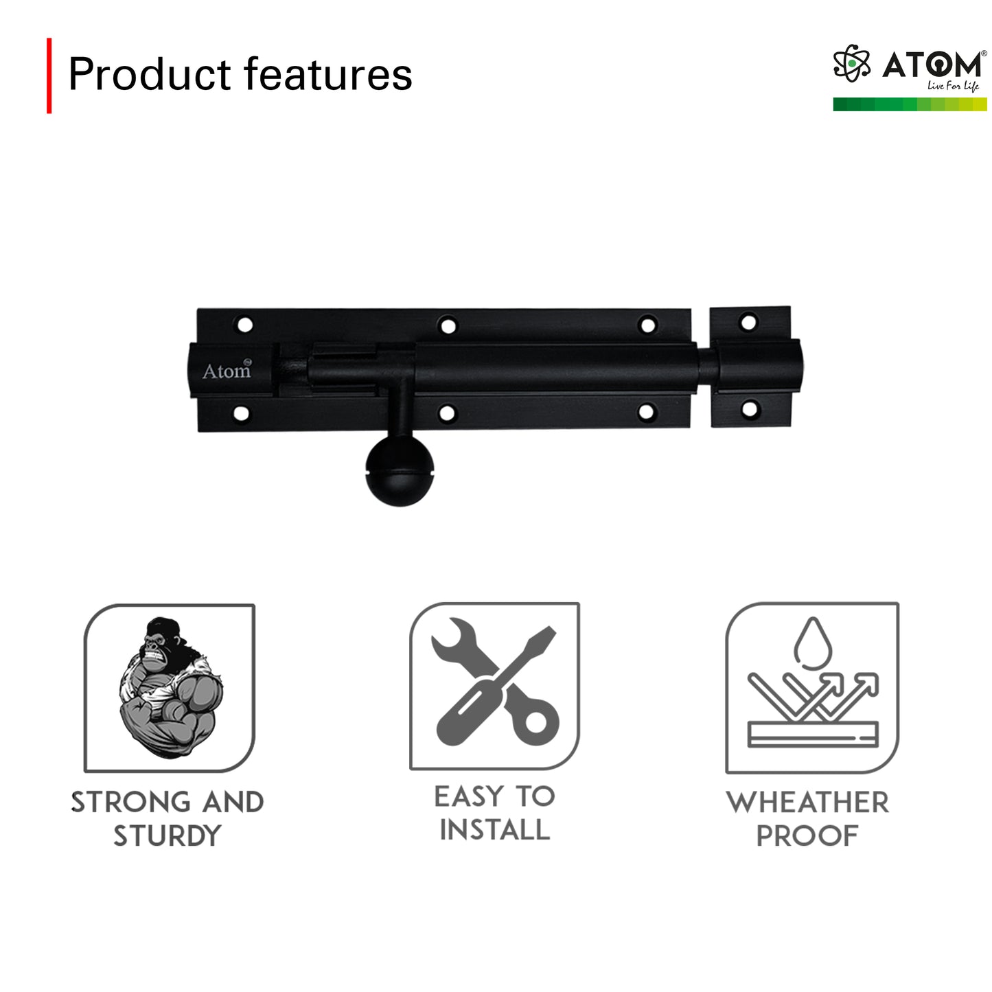 Aluminium Tower Bolt, Black Matt Finish (TB001)