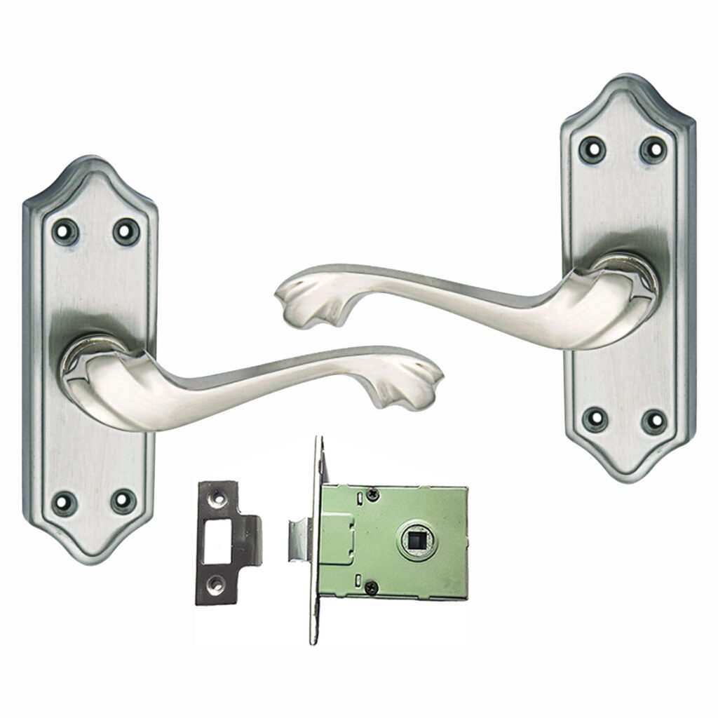 Stainless Steel Mortise Door Handle Set with Lock Body, Silver Satin & Brass Antique Finish (Pluto)