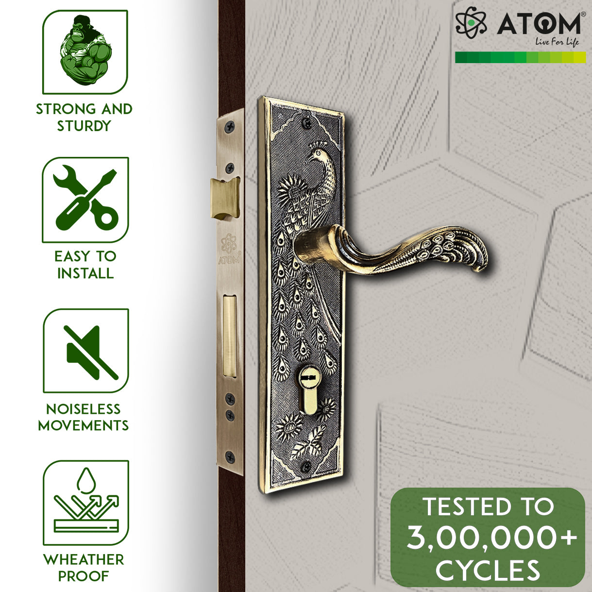 Heavy Duty Mortise Door Lock with One Sided Key for Bedroom, Brass Antique Finish (3 Keys) (MAYURCYOSK70)