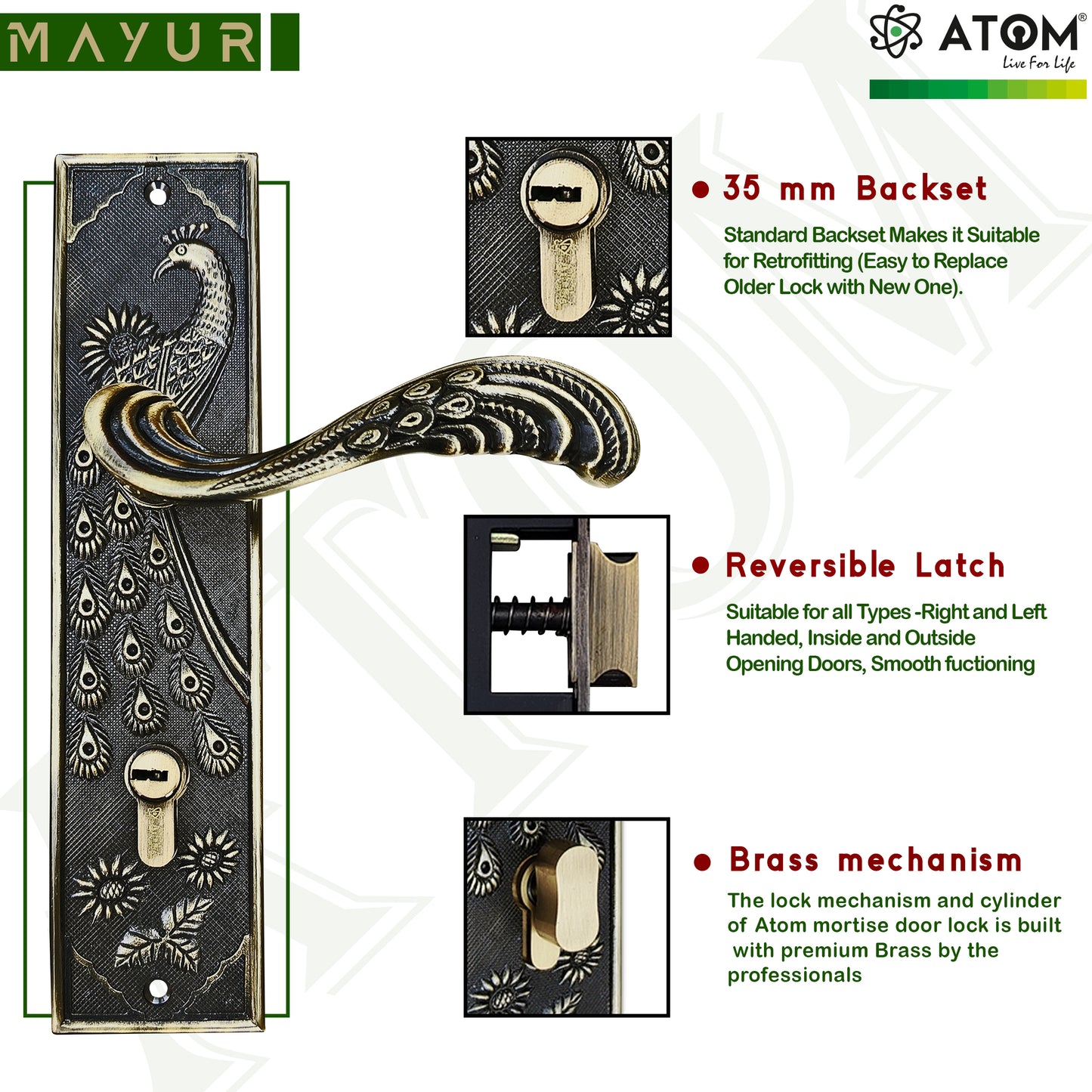 Heavy Duty Mortise Door Lock with One Sided Key for Bedroom, Brass Antique Finish (3 Keys) (MAYURCYOSK70)