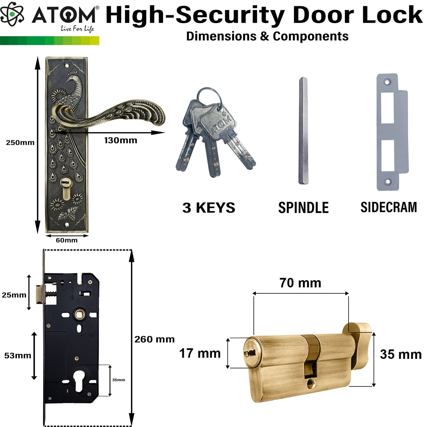 Heavy Duty Mortise Door Lock with One Sided Key for Bedroom, Brass Antique Finish (3 Keys) (MAYURCYOSK70)