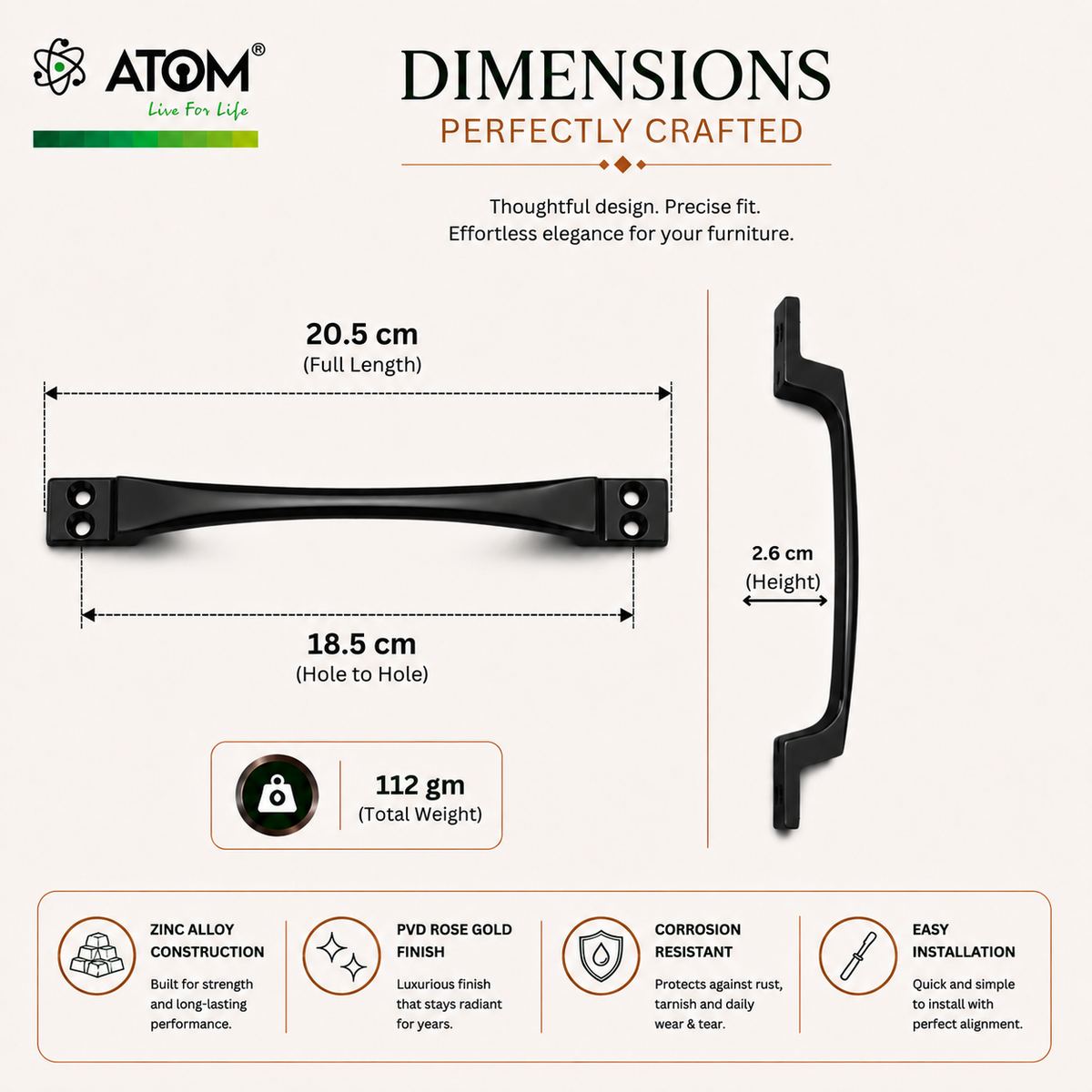 Cabinet Handle CH-OAK | CP, PVD Rose Gold & PVD Black Furniture Handle
