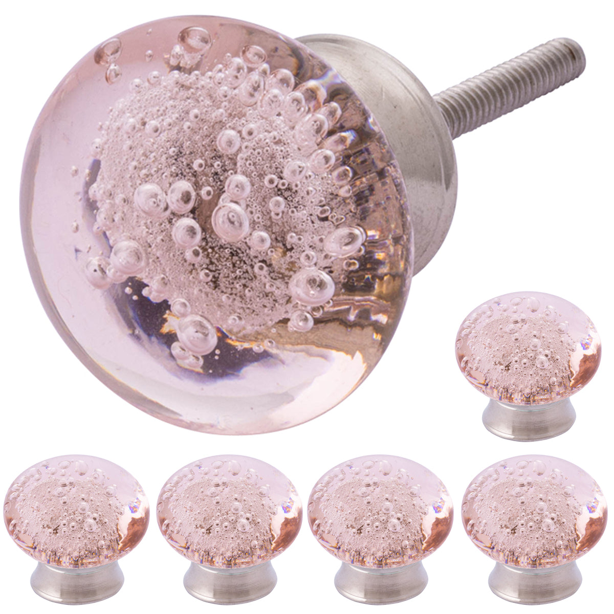 Glass Knob for Cabinet (6 Pack) (1.25 inches) (Pink, Small)