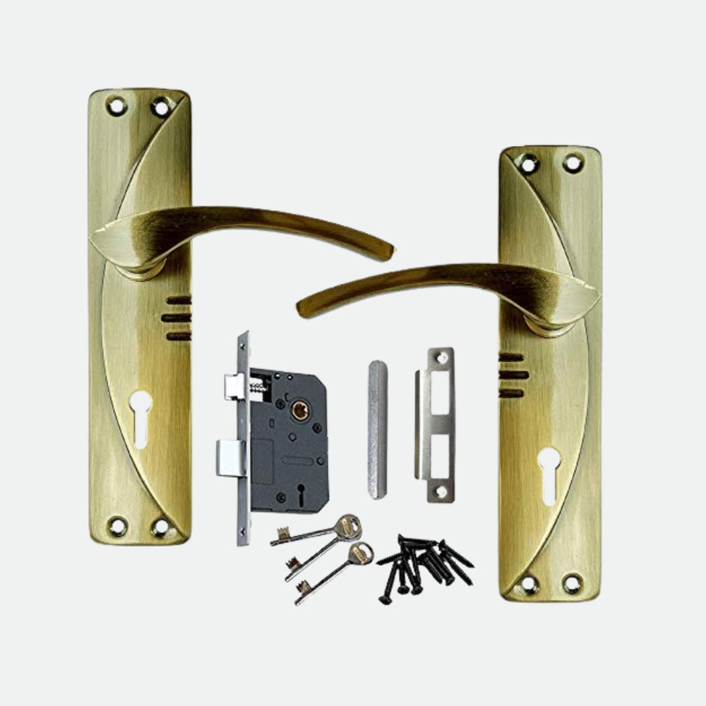 Iron Mortise Door Handle Set with Lock Body, Black Silver Finish, Brass Antique, Black Gold & CP Matt (3 Keys) (6 Lever Double Stage) (1003-KY)