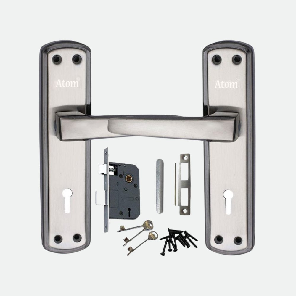 Iron Mortise Door Handle Set with Lock Body, Finish Black Silver, (3 Keys) (6 Lever Double Stage Lockset) (7 Inch) (703-KY)
