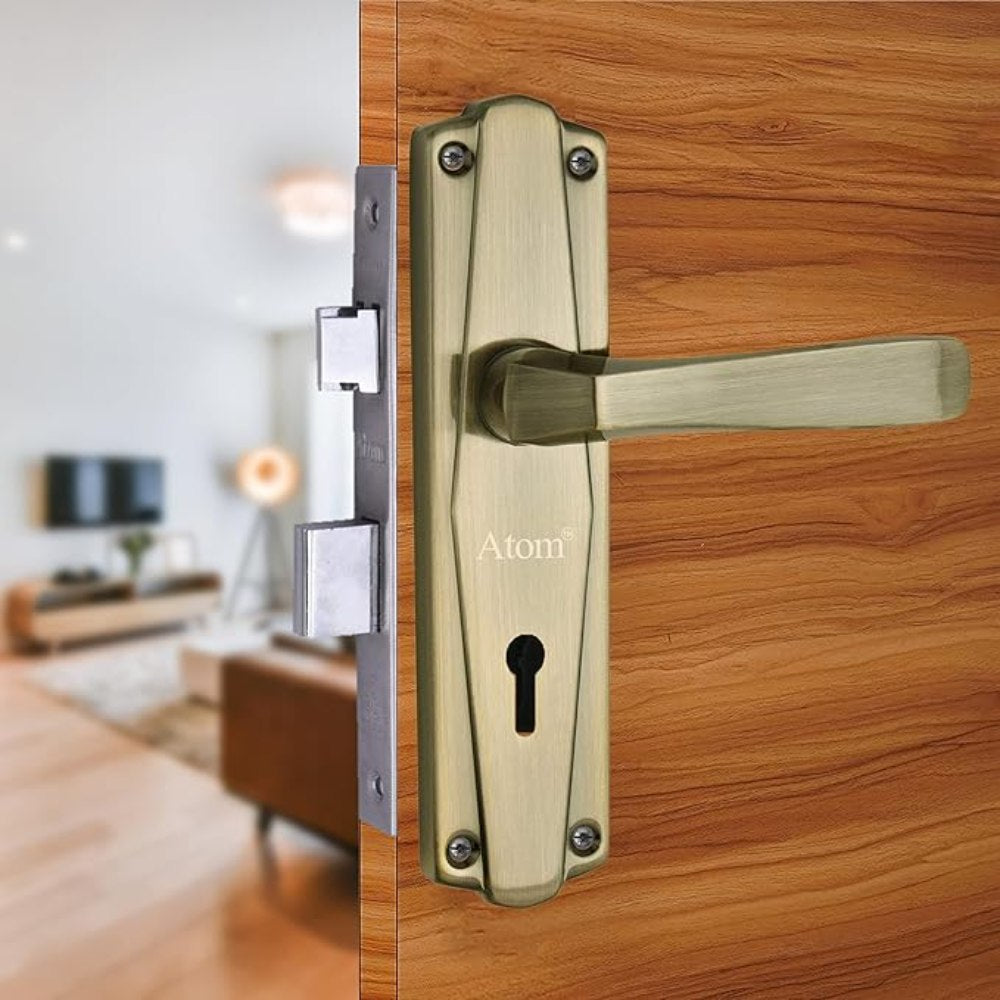 Iron Mortise Door Handle Set with Lock Body, Finish Black Silver, Brass Antique & CP Matt, (3 Keys) (6 Lever Double Stage Lockset) (7 Inch) (608-KY)