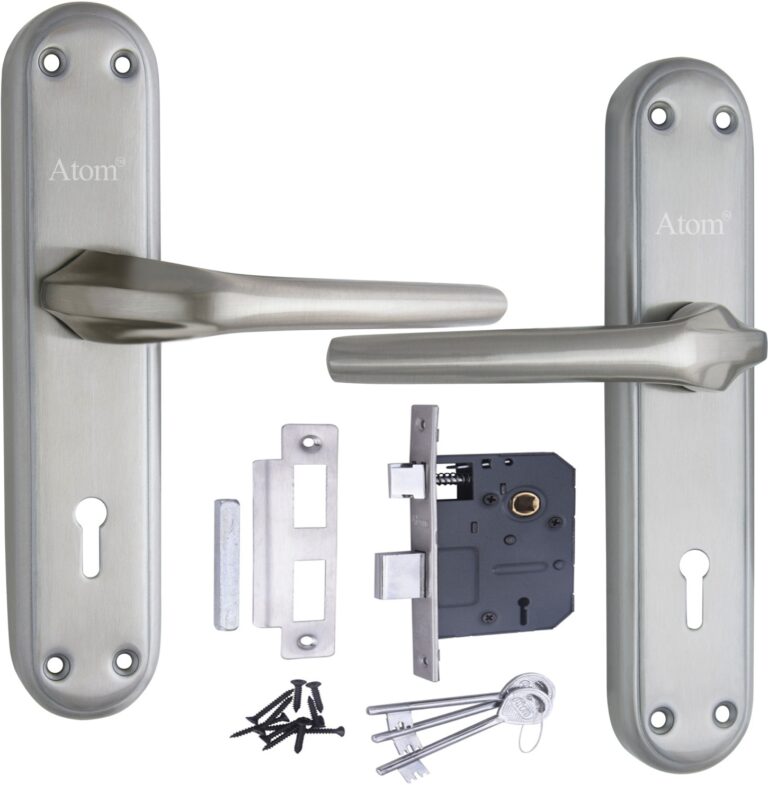 Stainless Steel Mortise Door Handle Set with Lock Body, Silver Satin & Brass Antique Finish (Orbit)