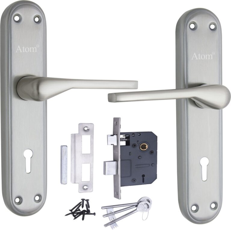 Stainless Steel Mortise Door Handle Set with Lock Body, Silver Satin Finish (Penta)