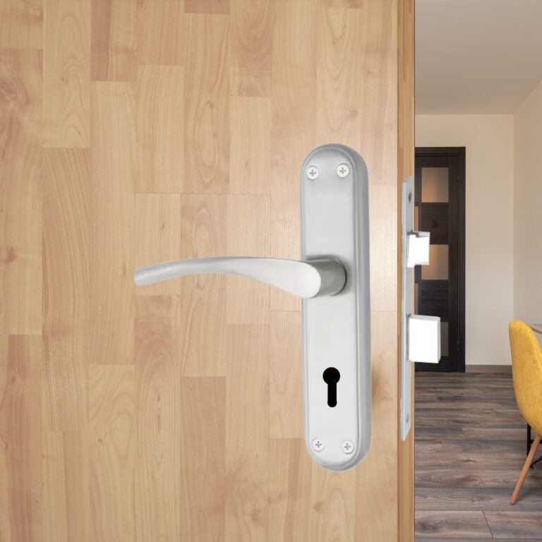 Stainless Steel Mortise Door Handle Set with Lock Body, Silver Satin Finish (Innova)