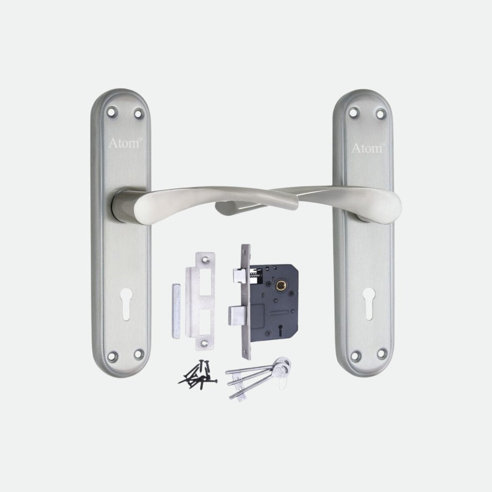 Stainless Steel Mortise Door Handle Set with Lock Body, Silver Satin Finish (Innova)