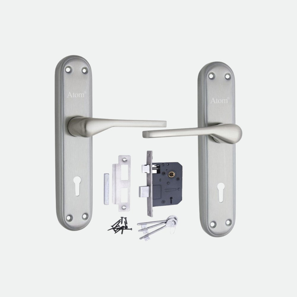 Stainless Steel Mortise Door Handle Set with Lock Body, Silver Satin Finish (Penta)