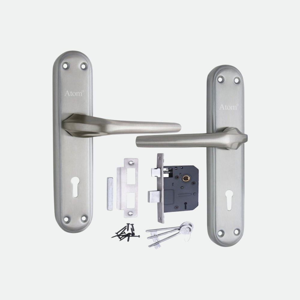 Stainless Steel Mortise Door Handle Set with Lock Body, Silver Satin & Brass Antique Finish (Orbit)