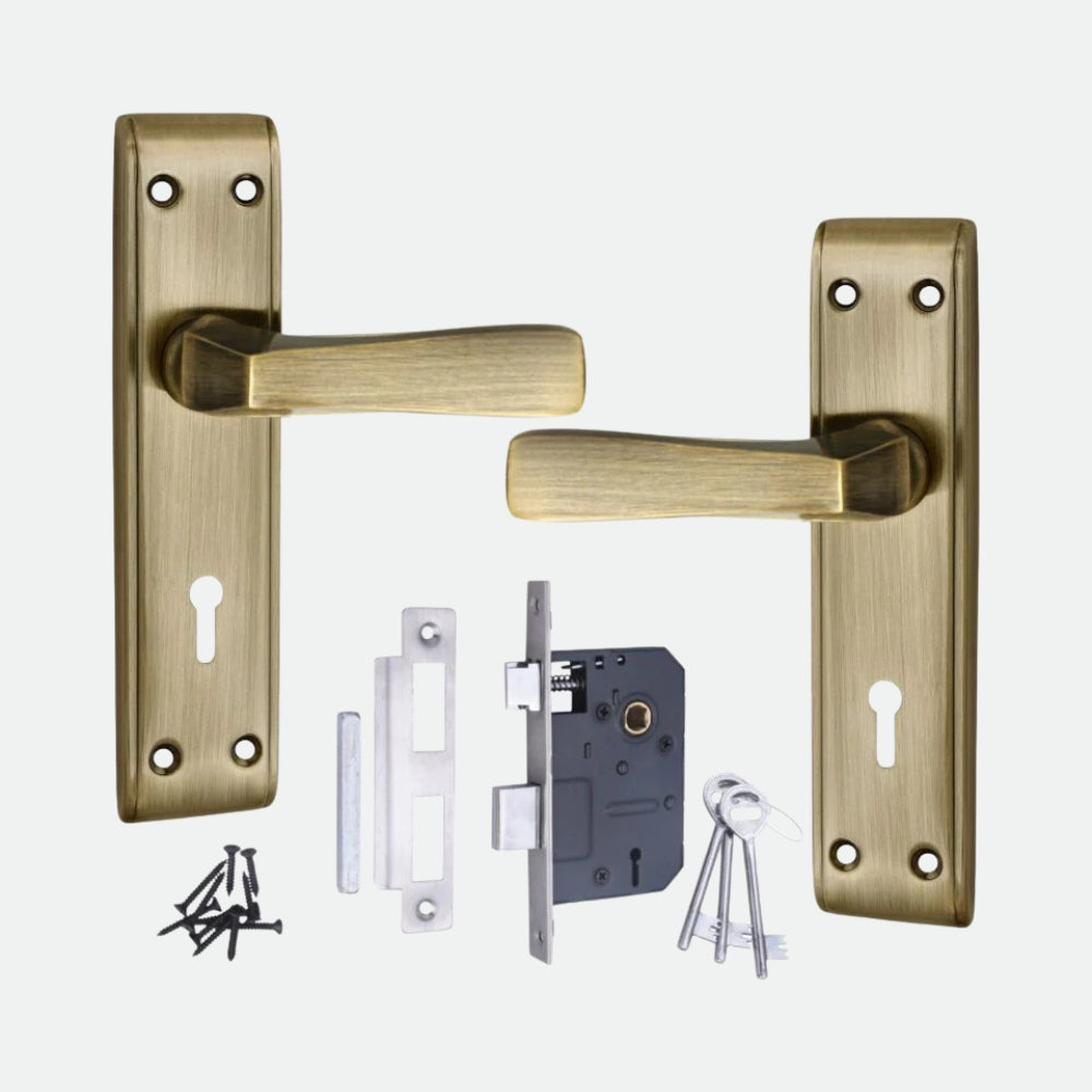 Iron Mortise Door Handle Set with Lock Body, Finish Black Silver, Brass Antique & CP Matt (3 Keys) (6 Lever Double Stage) (8 Inch) (1002-KY)