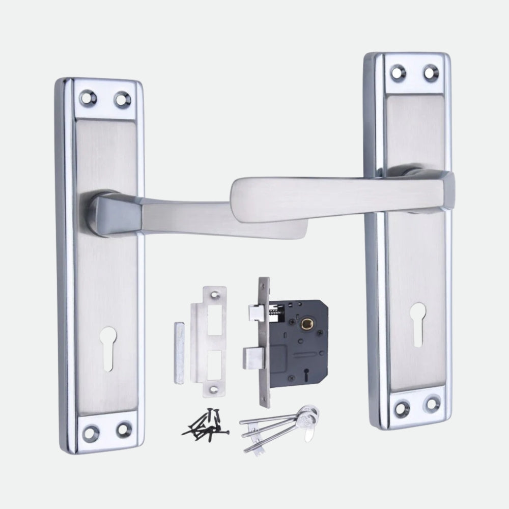 Iron Mortise Door Handle Set with Lock Body, Finish Black Silver, Brass Antique & CP Matt, (3 Keys) (6 Lever Double Stage Lockset) (8 Inch) (607-KY)