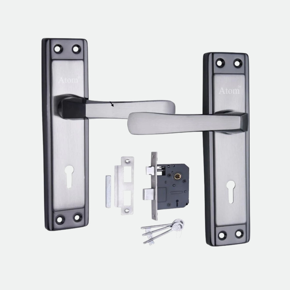 Iron Mortise Door Handle Set with Lock Body, Finish Black Silver, Brass Antique & CP Matt, (3 Keys) (6 Lever Double Stage Lockset) (8 Inch) (607-KY)