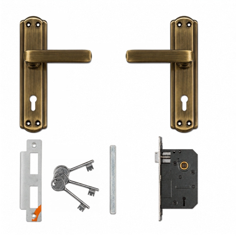 Iron Mortise Door Handle Set with Lock Body, Finish Black Silver, Brass Antique, Silver Gold, CP Matt & Black Gold (3 Keys) (6 Lever Double Stage) (8 Inch) (606-KY)