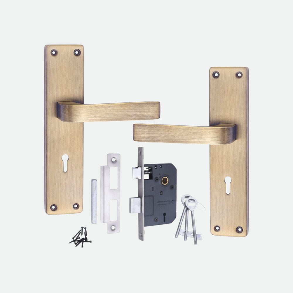 Iron Mortise Door Handle Set with Lock Body, Finish Brass Antique & CP Matt, (3 Keys) (6 Lever Double Stage Lockset) (8 Inch) (803-KY)