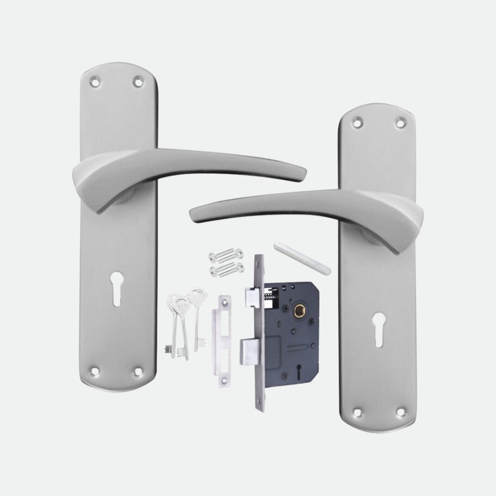 Iron Mortise Door Handle Set with Lock Body, Finish CP Satin (3 Keys) (8 Inch) (904)