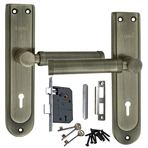 Iron Mortise Door Handle Set with Lock Body, Finish Black Silver & Brass Antique (3 Keys) (6 Lever Double Stage Lockset) (7.5 Inch) (M.Z.1.SZ01-KY)