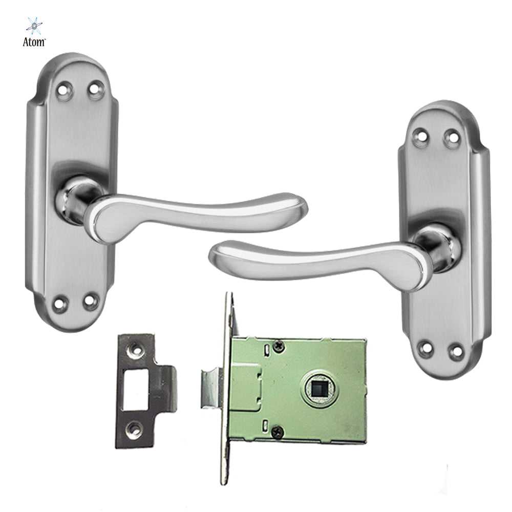 Stainless Steel Mortise Door Handle Set with Lock Body, Silver Satin Finish (Alfa)