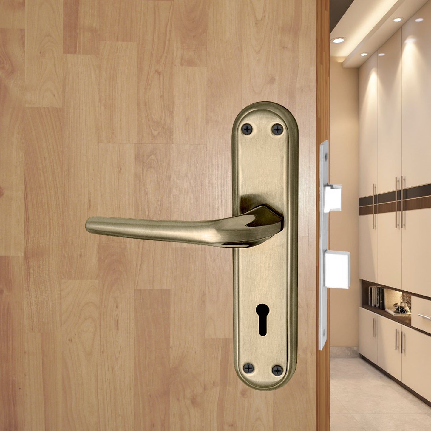 Stainless Steel Mortise Door Handle Set with Lock Body, Silver Satin & Brass Antique Finish (Orbit)