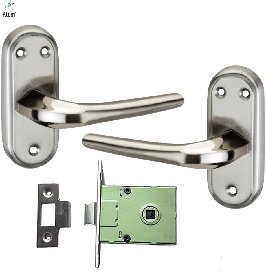 Stainless Steel Mortise Door Handle Set with Lock Body, Silver Satin & Brass Antique Finish (Orbit)