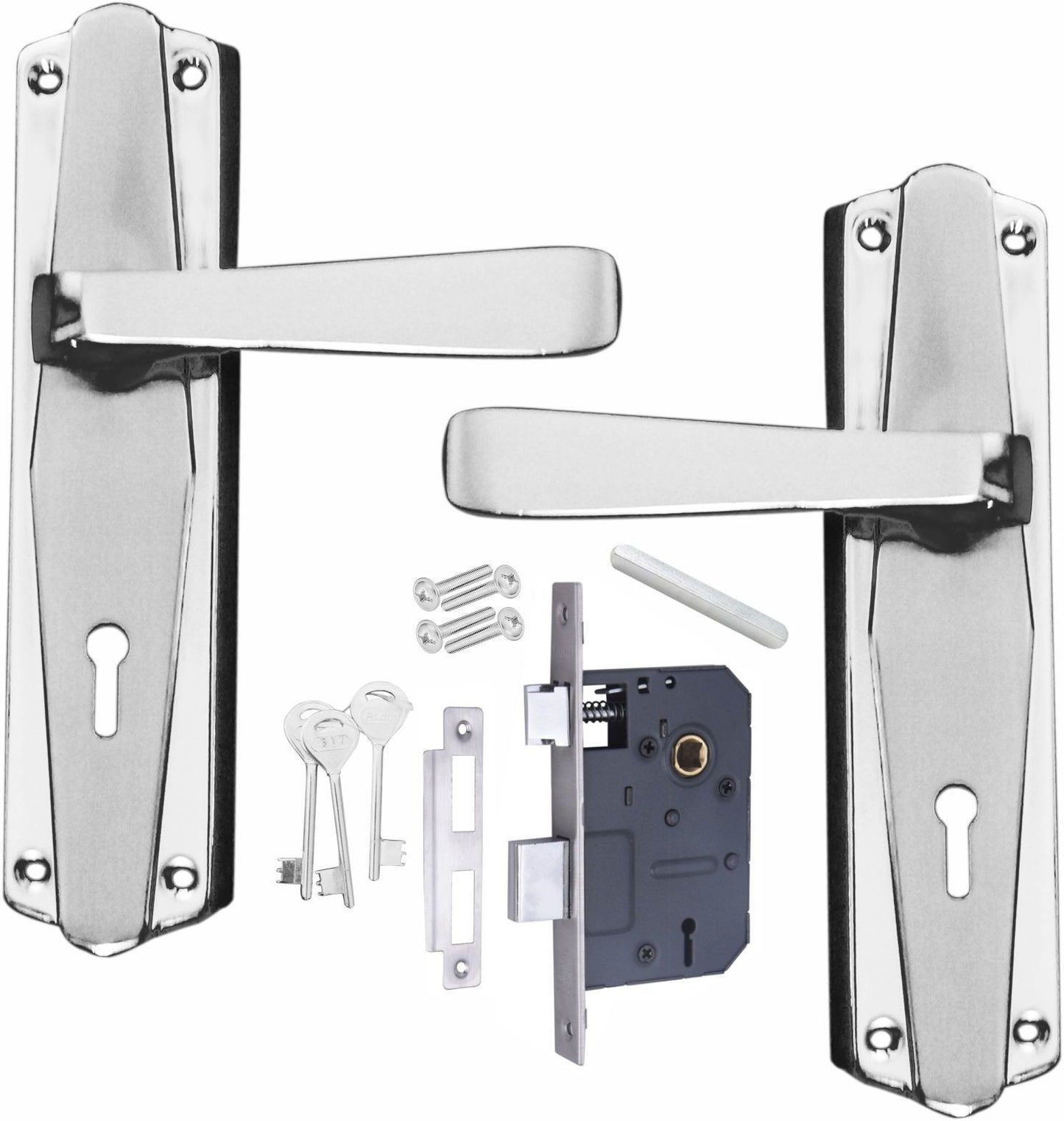 Iron Mortise Door Handle Set with Lock Body, Finish Black Silver, Brass Antique & CP Matt, (3 Keys) (6 Lever Double Stage Lockset) (7 Inch) (608-KY)