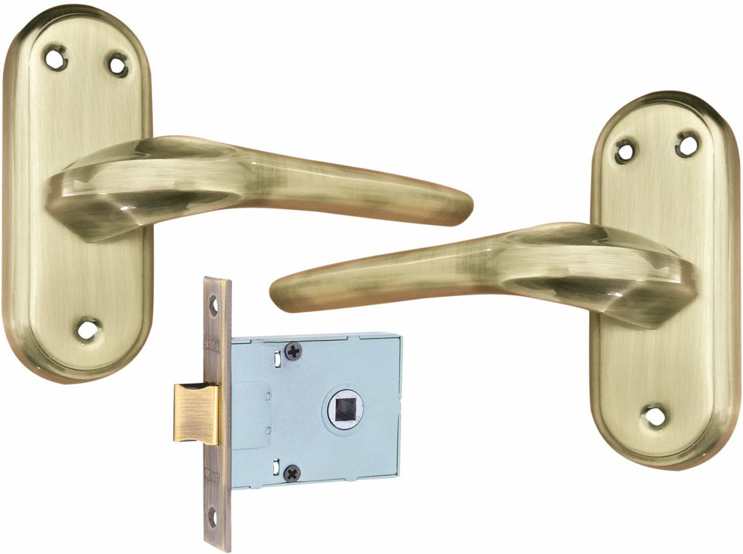 Stainless Steel Mortise Door Handle Set with Lock Body, Silver Satin & Brass Antique Finish (Orbit)