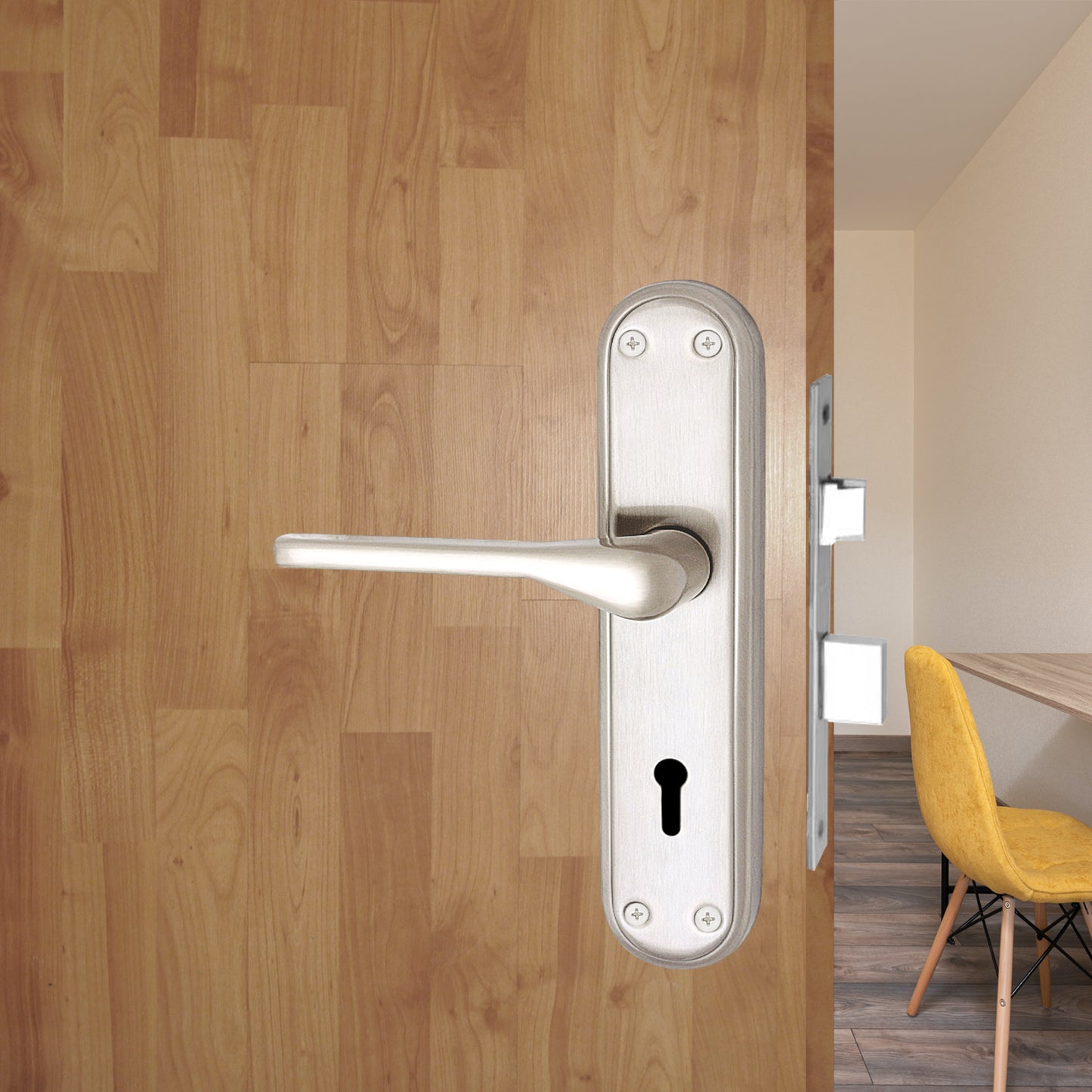 Stainless Steel Mortise Door Handle Set with Lock Body, Silver Satin Finish (Penta)