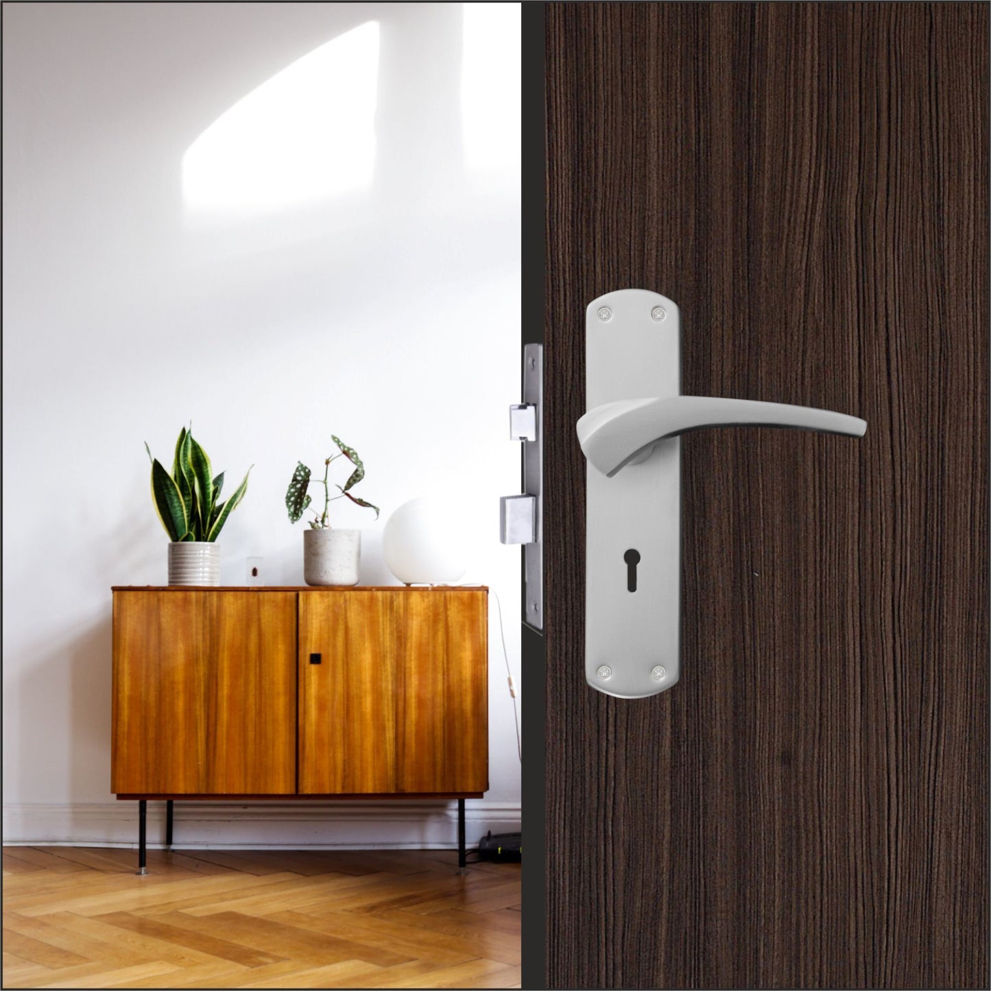 Iron Mortise Door Handle Set with Lock Body, Finish CP Satin (3 Keys) (8 Inch) (904)