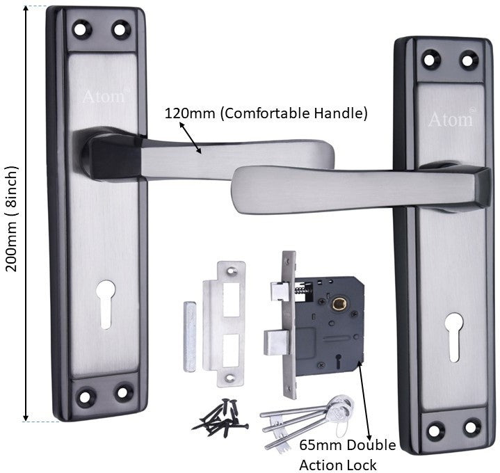 Iron Mortise Door Handle Set with Lock Body, Finish Black Silver, Brass Antique & CP Matt, (3 Keys) (6 Lever Double Stage Lockset) (8 Inch) (607-KY)