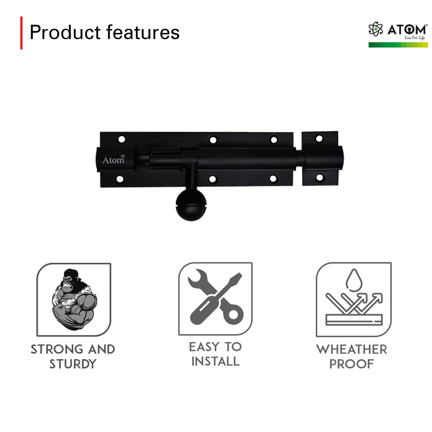 Aluminium Tower Bolt, Black Matt Finish (TB001)