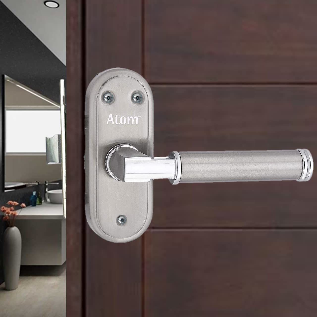 Stainless Steel Bathroom Door Lock, Silver Satin Finish, Keyless Mortise Handle with Baby Latch (Skoda-BL)