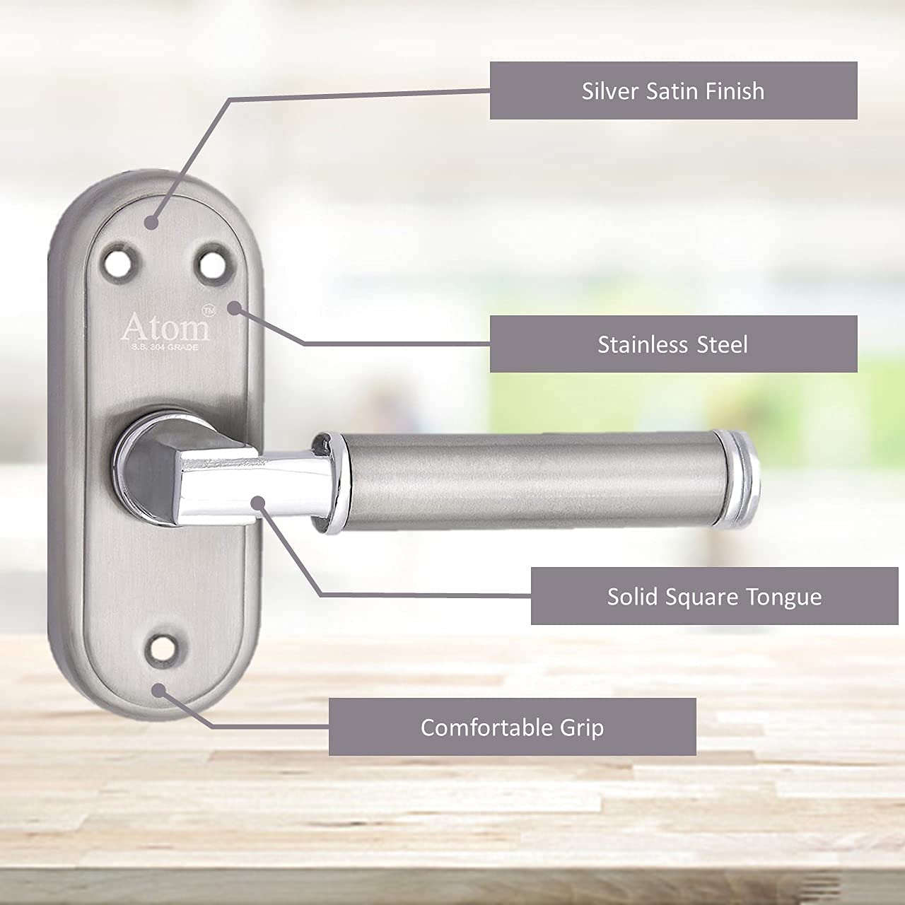 Stainless Steel Bathroom Door Lock, Silver Satin Finish, Keyless Mortise Handle with Baby Latch (Skoda-BL)