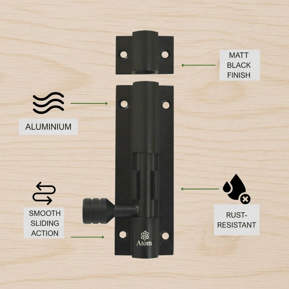 Aluminium Tower Bolt and Steel Rod, Brass Antique Finish, Black, Rose Gold & Silver Satin (Pack of 6) (TB001)