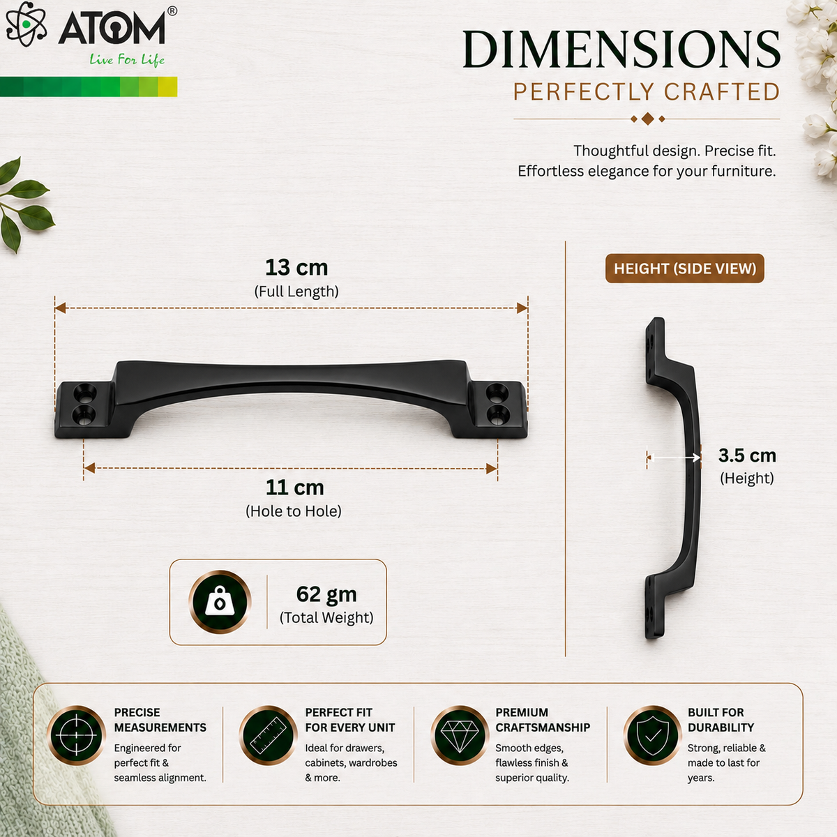 Cabinet Handle CH-OAK | CP, PVD Rose Gold & PVD Black Furniture Handle