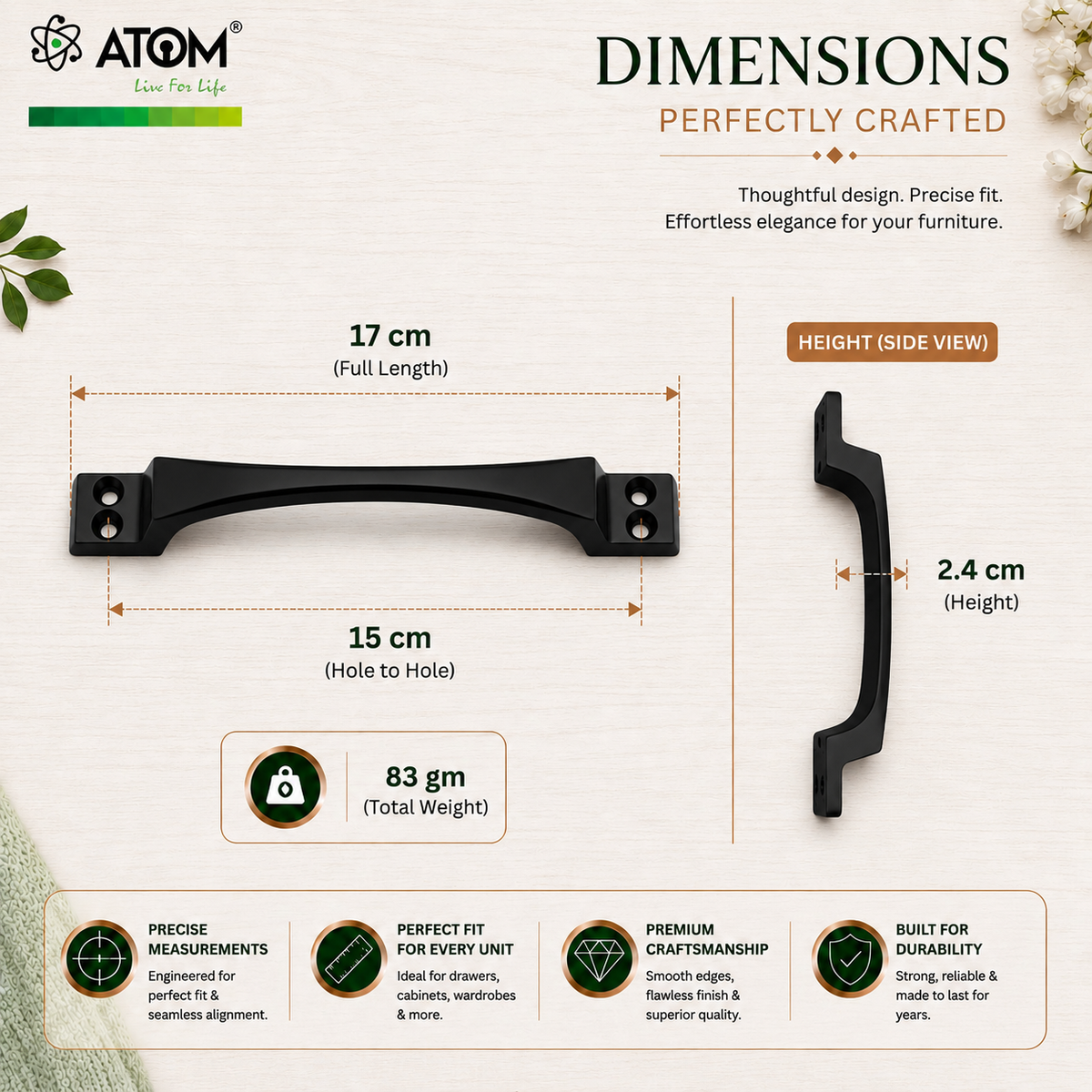 Cabinet Handle CH-OAK | CP, PVD Rose Gold & PVD Black Furniture Handle