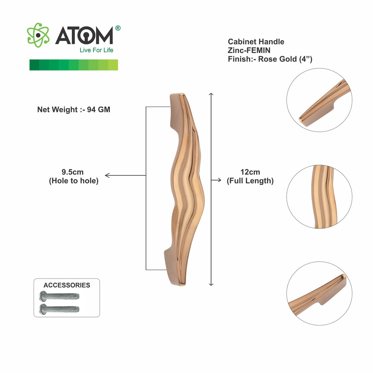 Cabinet Handle CH-FEMIN PVD Rose Gold | Designer Curved Furniture Handle