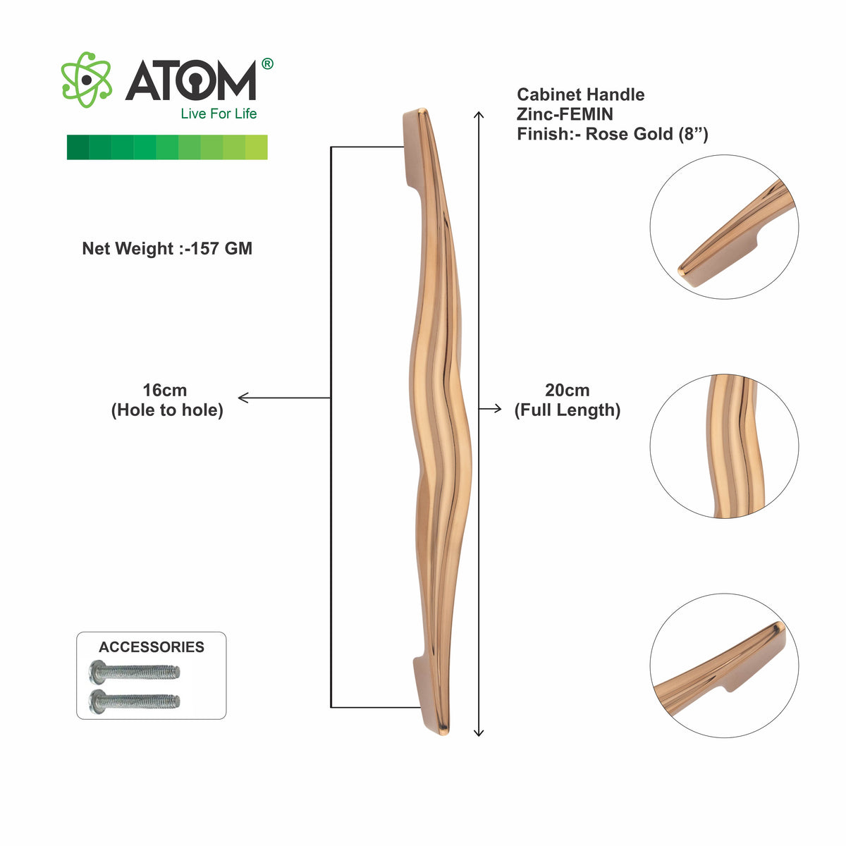Cabinet Handle CH-FEMIN PVD Rose Gold | Designer Curved Furniture Handle