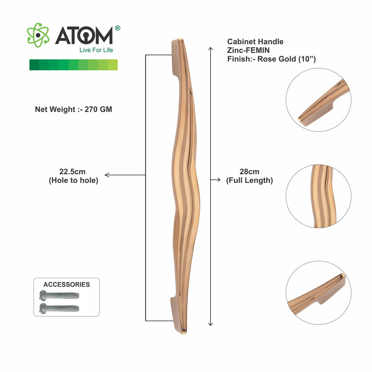 Cabinet Handle CH-FEMIN PVD Rose Gold | Designer Curved Furniture Handle