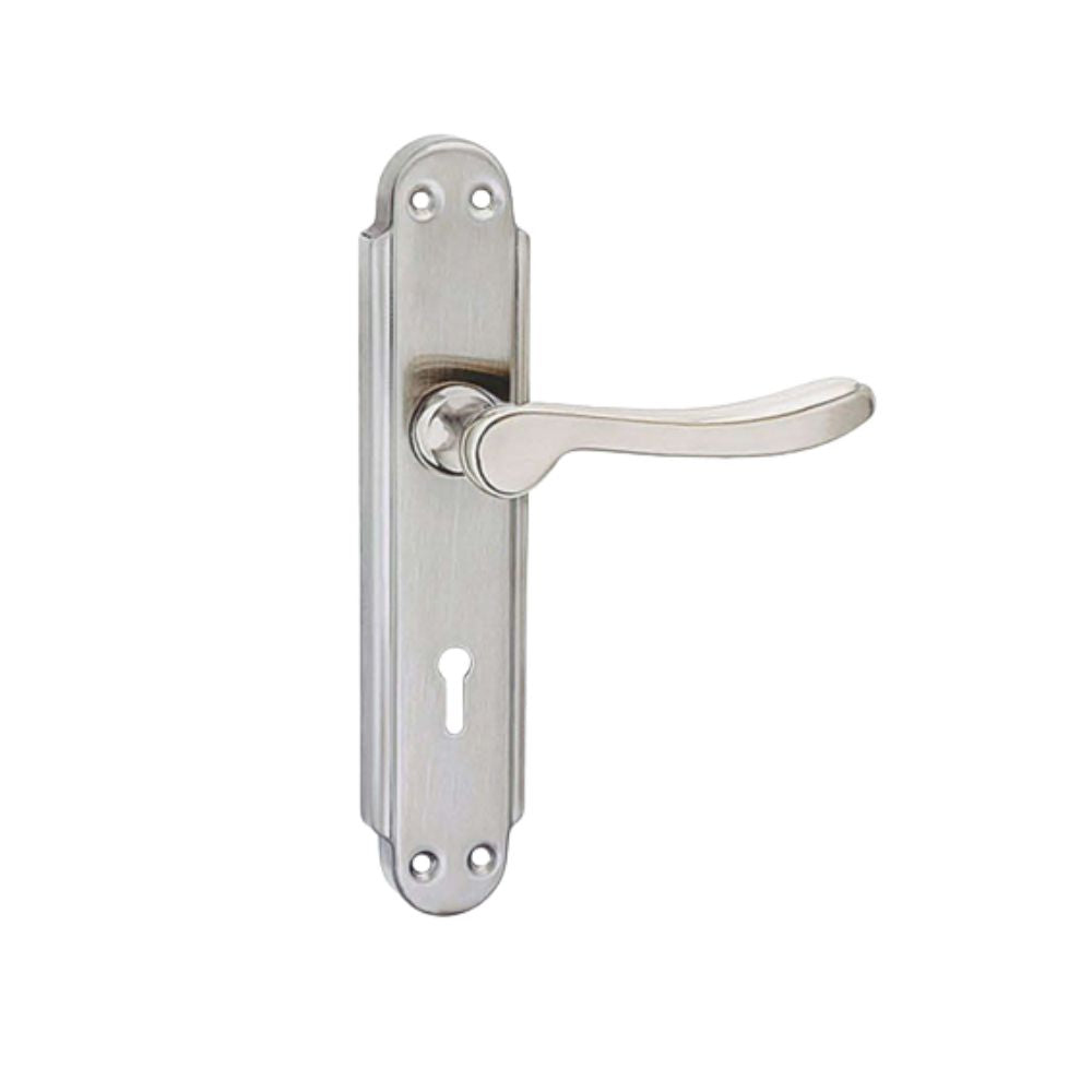 Stainless Steel Mortise Door Handle Set with Lock Body, Silver Satin Finish (Alfa)
