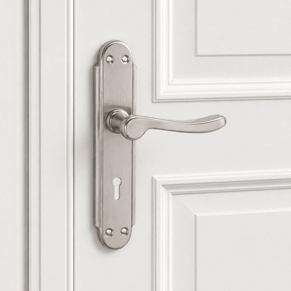 Stainless Steel Mortise Door Handle Set with Lock Body, Silver Satin Finish (Alfa)