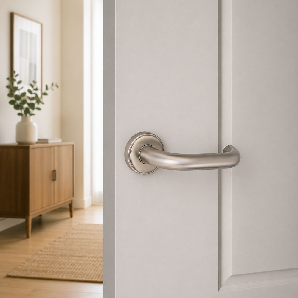 Stainless Steel Door Handle GSL-02 with Rose | Curved Lever Handle with Cylinder Lock
