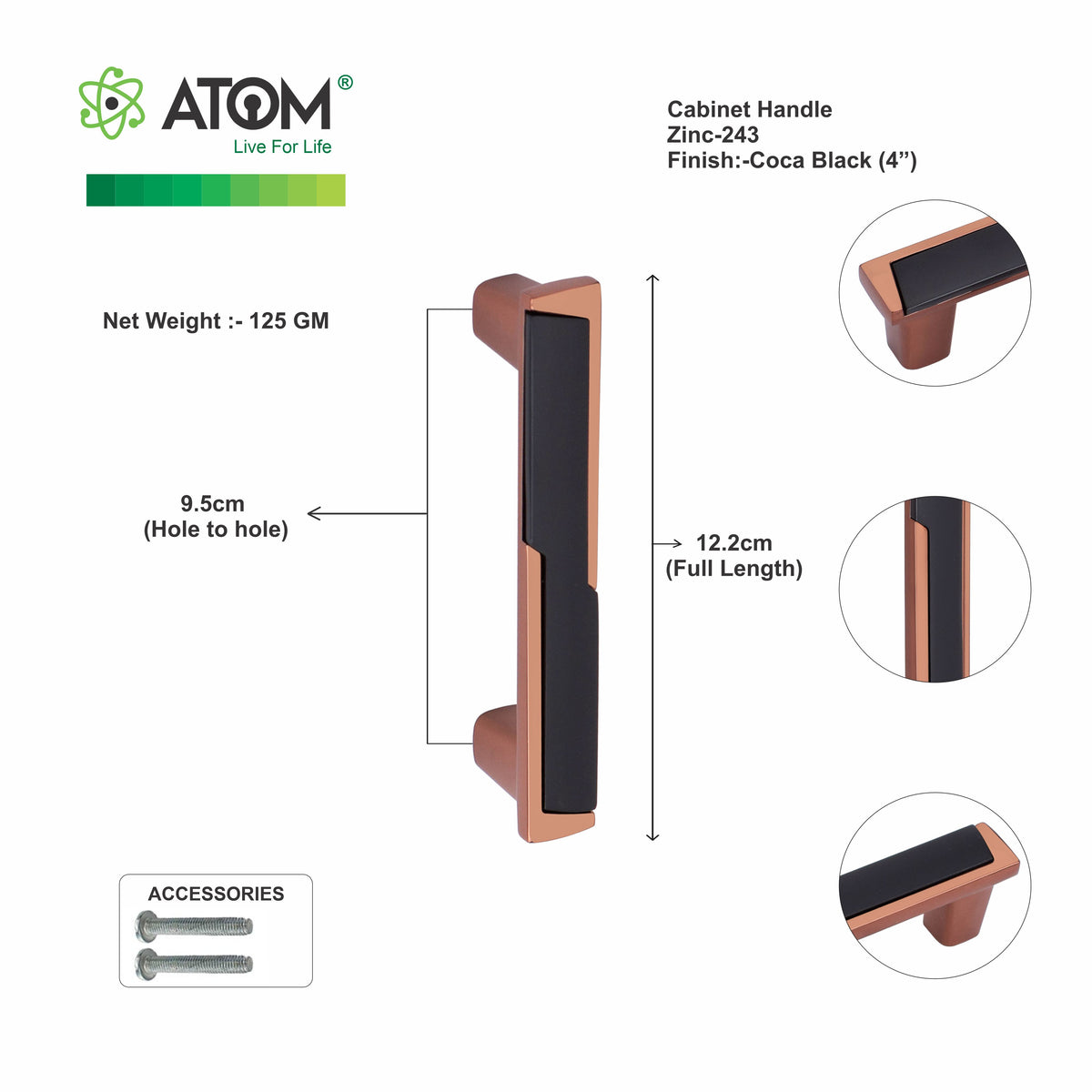Zinc Cabinet Handle, Coca Black Finish  (6 Pack) (CH243)