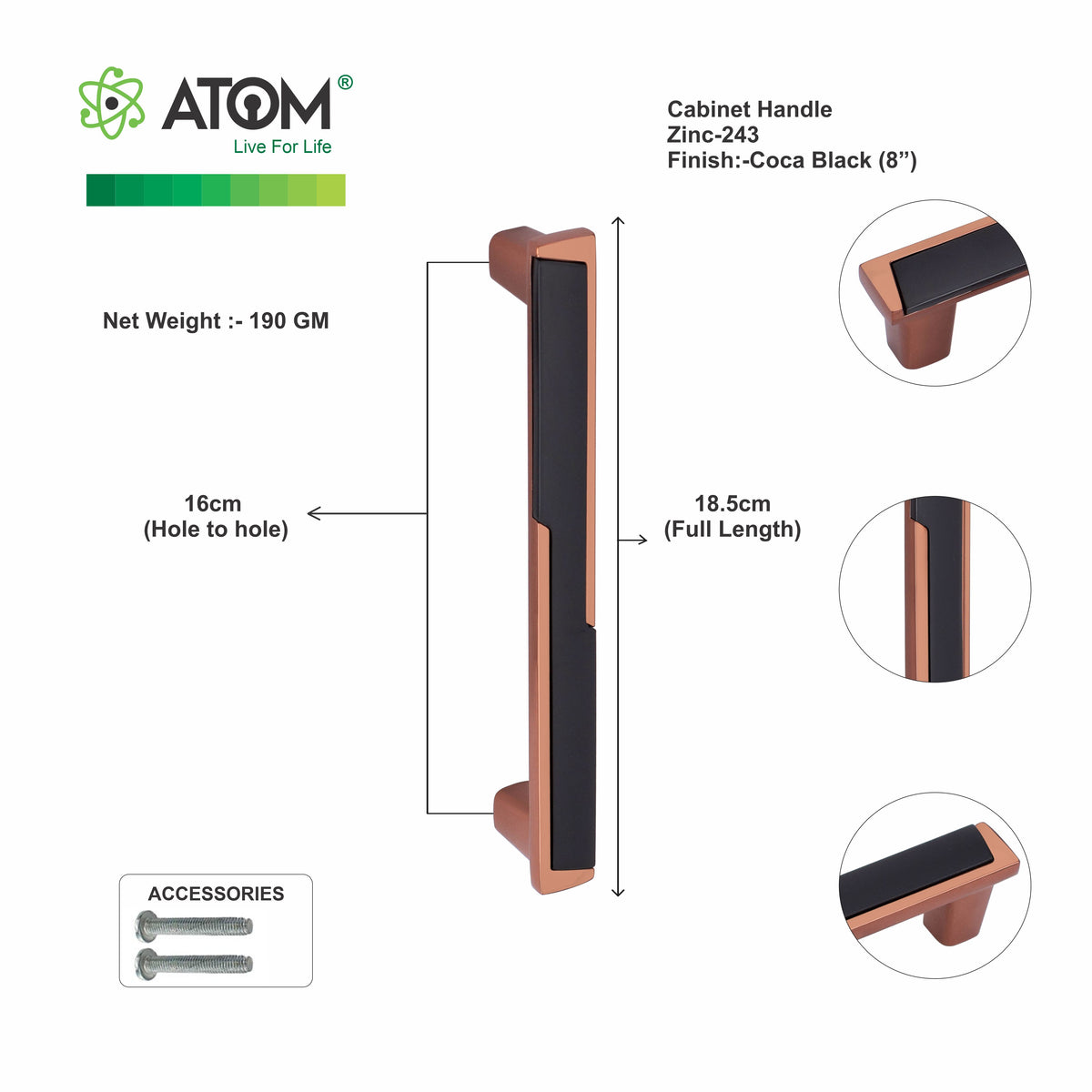 Zinc Cabinet Handle, Coca Black Finish  (6 Pack) (CH243)