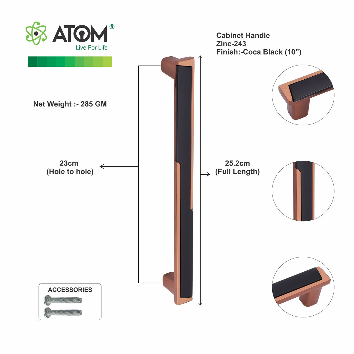 Zinc Cabinet Handle, Coca Black Finish  (6 Pack) (CH243)
