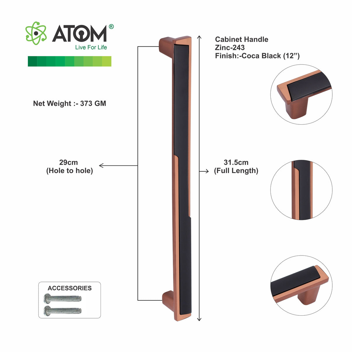 Zinc Cabinet Handle, Coca Black Finish  (6 Pack) (CH243)