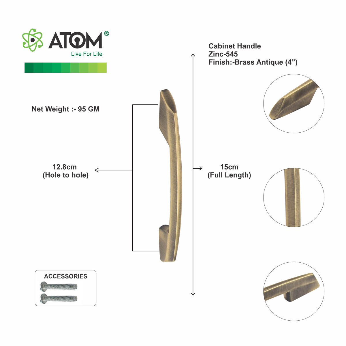 Zinc Cabinet Handle, Finish Black Matt, Brass Antique & CP (CH545)